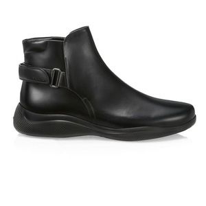 Prada Brushed Leather Ankle Chelsea Boot with Adjustable Back Strap Black Size 6